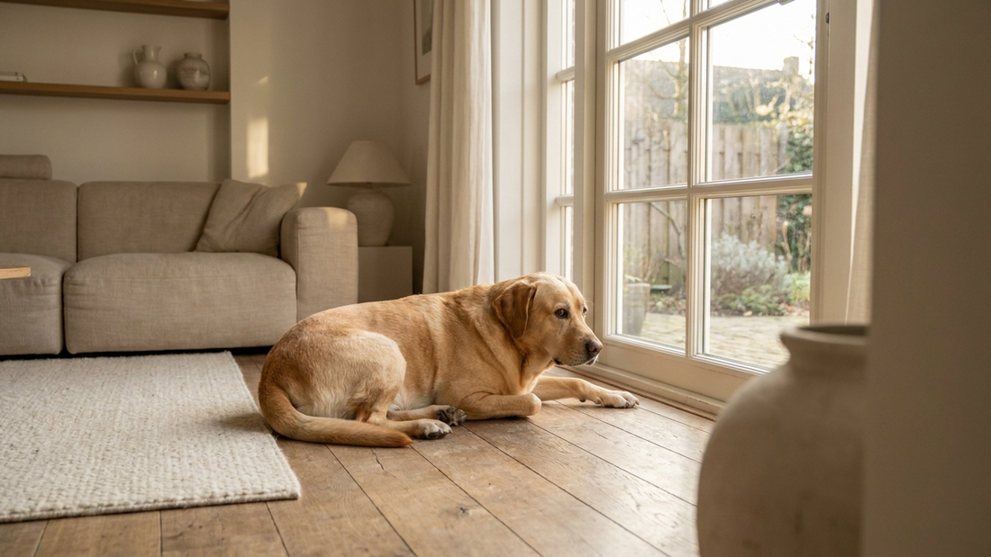 Lugn hund som vilar vid fönstret