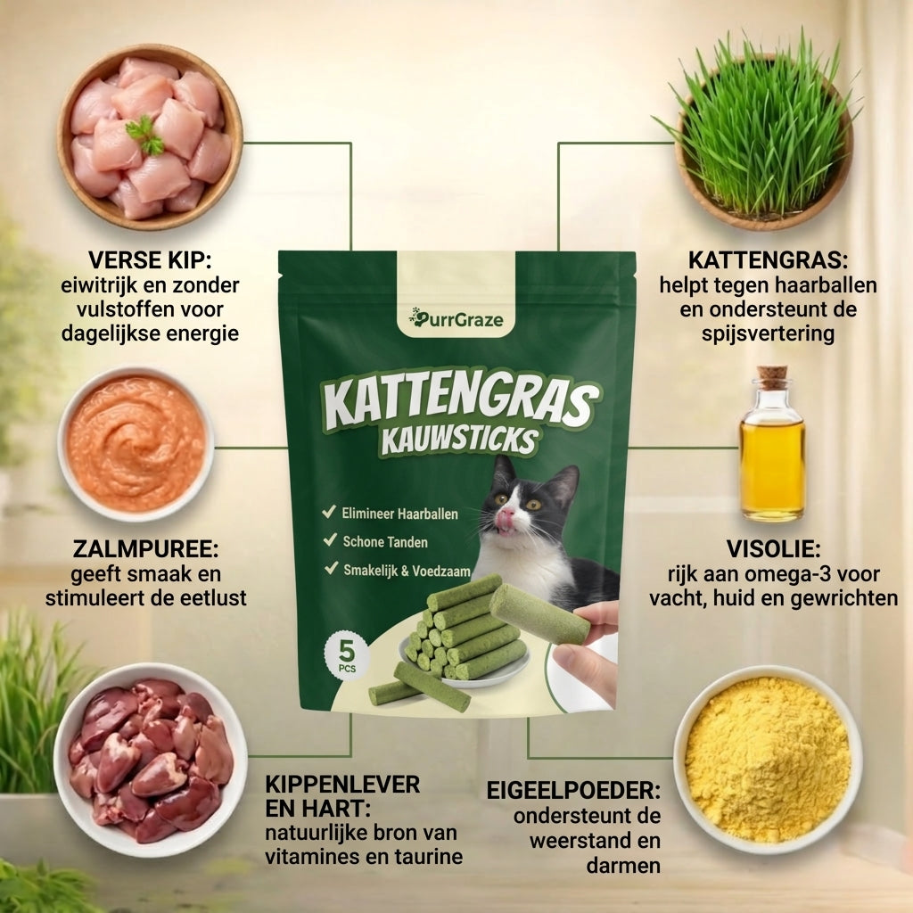 Naturliga ingredienser i PurrGraze kattgras tuggpinnar