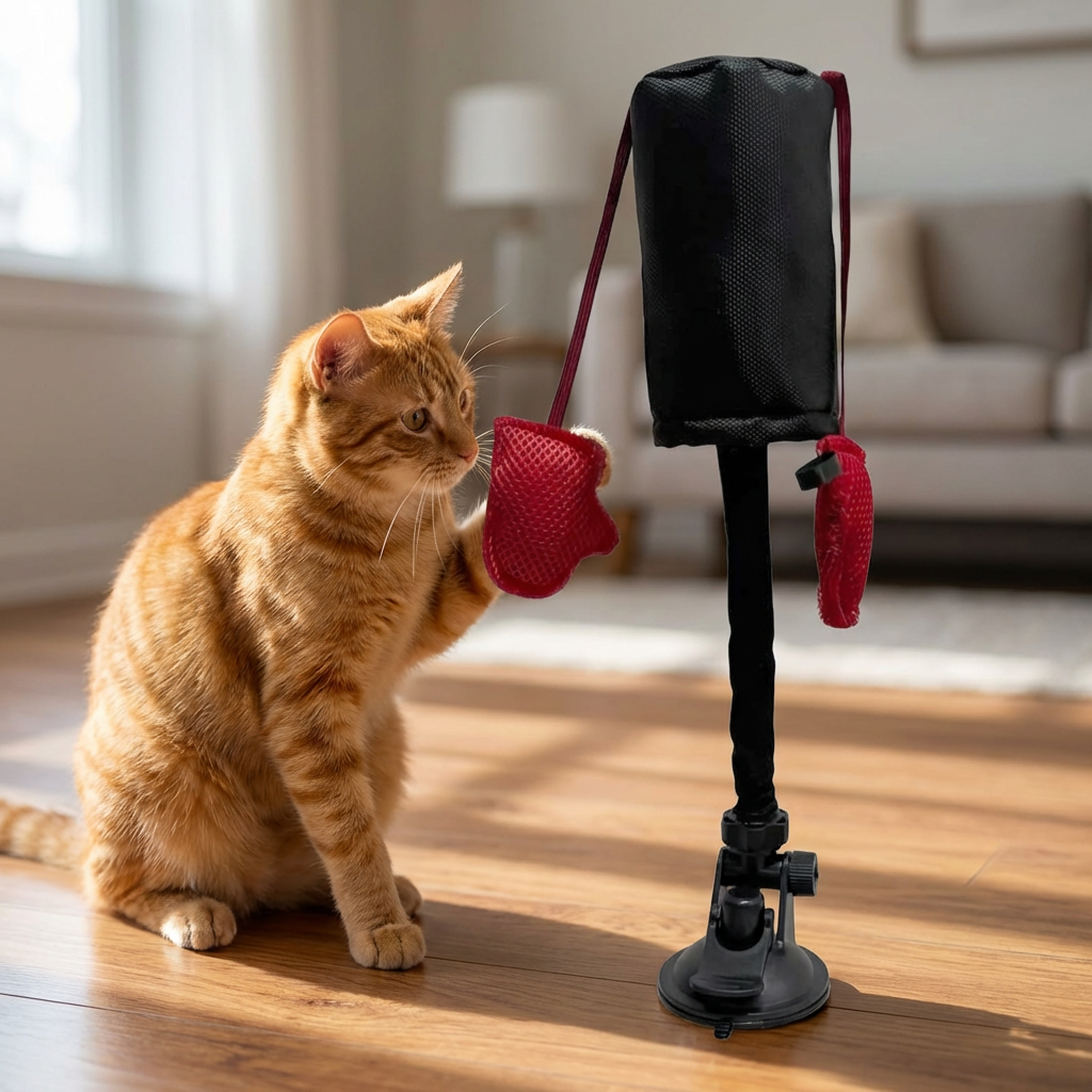 Katt leker med PawPunch i vardagsrummet