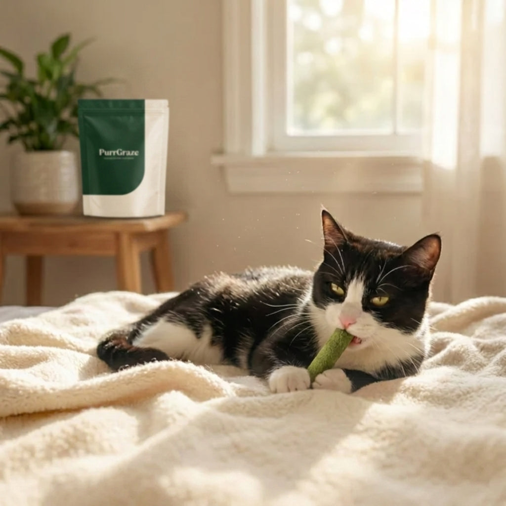 Katt njuter av PurrGraze kattgras tuggpinne pa en mjuk filt