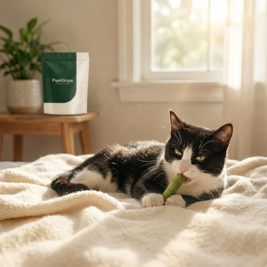 Katt njuter av PurrGraze kattgras tuggpinne pa en mjuk filt