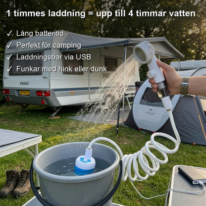 ShowerGo, 1 timmes laddning ger upp till 4 timmar vatten