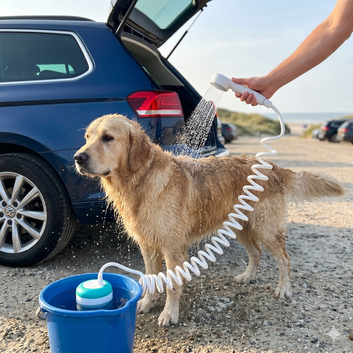 Hund sköljs av vid bilen efter stranden
